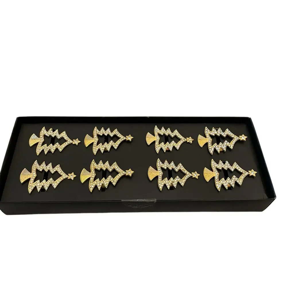 TAHARI Home Gold Rhinestone Christmas Tree Shaped Napkin Rings Set of 8 New - Picture 7 of 15